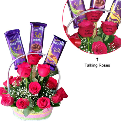 "Talking Roses with Chocolates Flower Basket - Click here to View more details about this Product